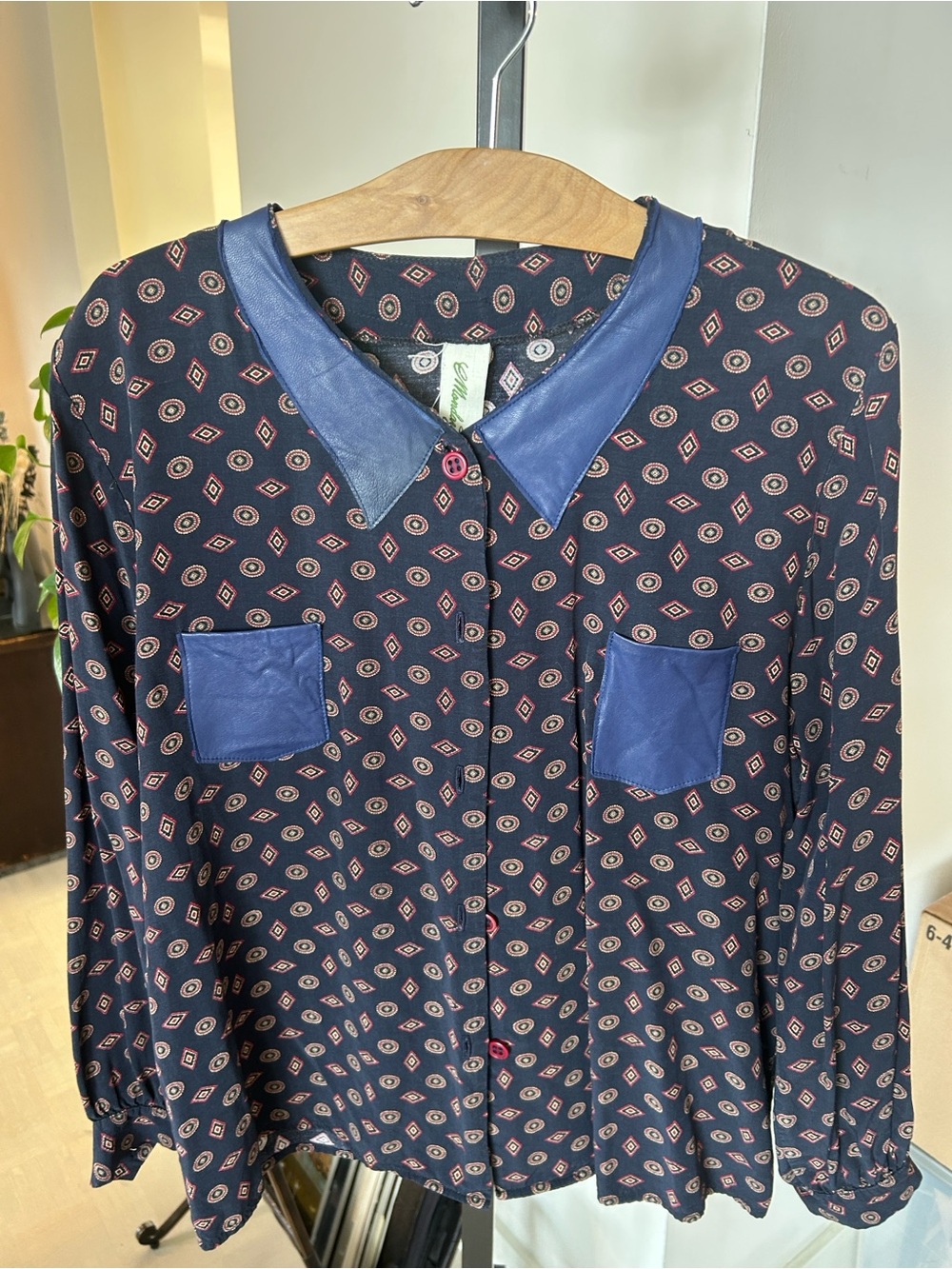 Navy leather/silk blend Geometric Print Blouse Jacket with Blue leather Trim.